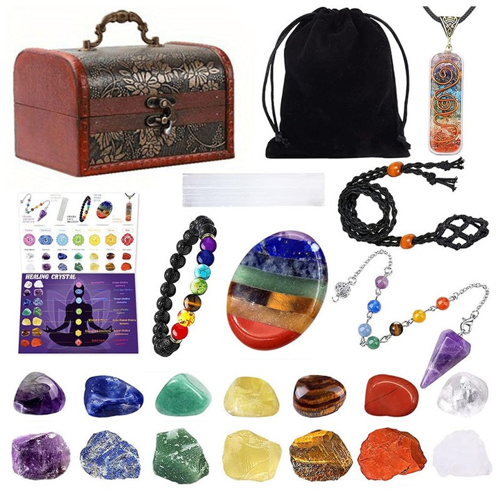 Set 22 piese de cristale si pietre de vindecare, Rqiurpn, 7 pietre chakra brute si 7 pietre chakra rotunjite, bratara din lava, colier chakra, pendul din ametist, cutie din lemn
