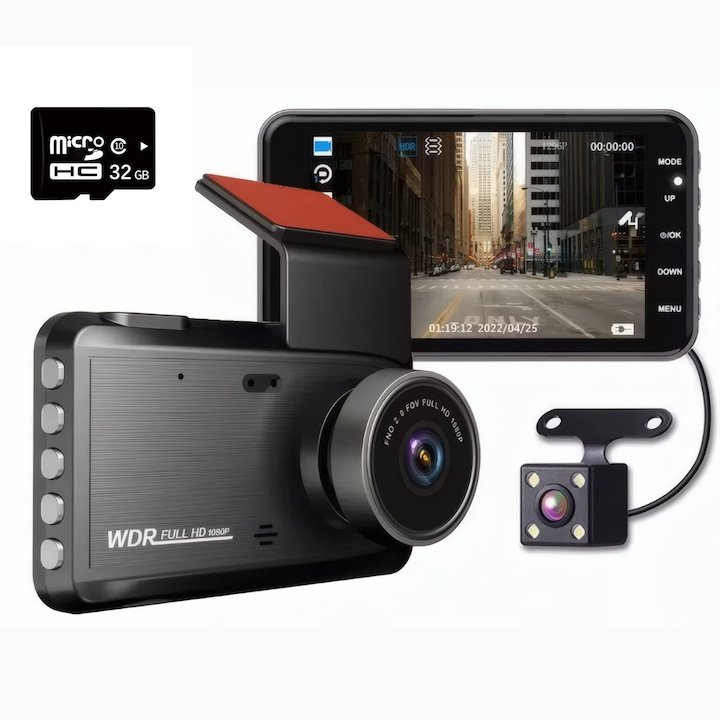 Camera auto DVR Empionics®, Fata - Spate, Full-hd, WiFi, Card de memorie de 32 Gb inclus, Obiectiv cu 6 lentile, Unghi Ultra-Larg de 170°, Display mare 4", G-Sensor, Detectare Miscare, Vedere nocturna