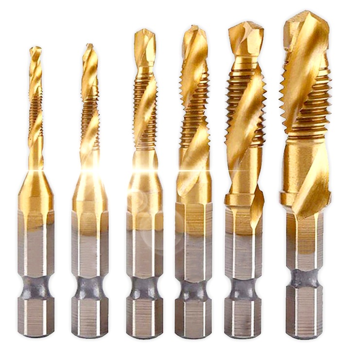 Set Profesional cu 6 piese, burghiesi tarozi + filet, M3, M4, M5, M6, M8, M10, Hexagonala, 6.35mm, Gaurire, Filetare, Debavurare, otel HSS cu strat de titan, Duritate medie, Rezistent la uzura, Pentru aluminiu, plastic, lemn, alama, Galben 1/4" DBS-1