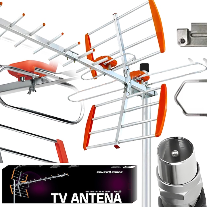 Antena TV Terestra Renew Force®, DVB-T2/UHF/VHF, 4K, Filtru LTE, Receptie Stabila Pana la 200km, Reglare Polarizare Verticala si Orizontala, Conector F, Instalare Rapida, Constructie Solida, Rezistenta la Intemperii, Compatibila MUX 8, Portocale AH-11