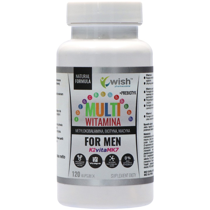 Multivitamina pentru barbati, WISH, 120 capsule, cu vitamina K2 vitaMK7 si FOS Actilight