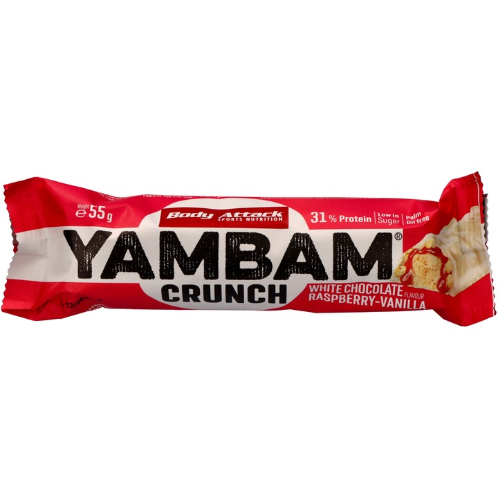 Protein szelet, Body Attack Yambam, 55g, málna ízű fehér csokoládéval, magas fehérjetartalom