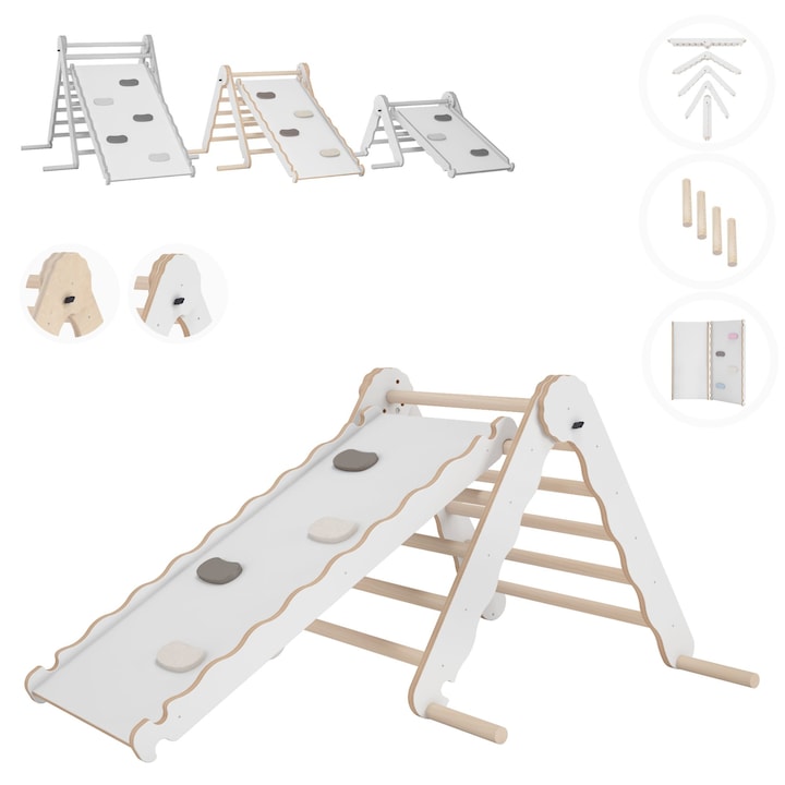 Triunghi de catarat MAMOI cu tobogan, scara din lemn, alb, interior/exterior, dimensiuni ajustabile