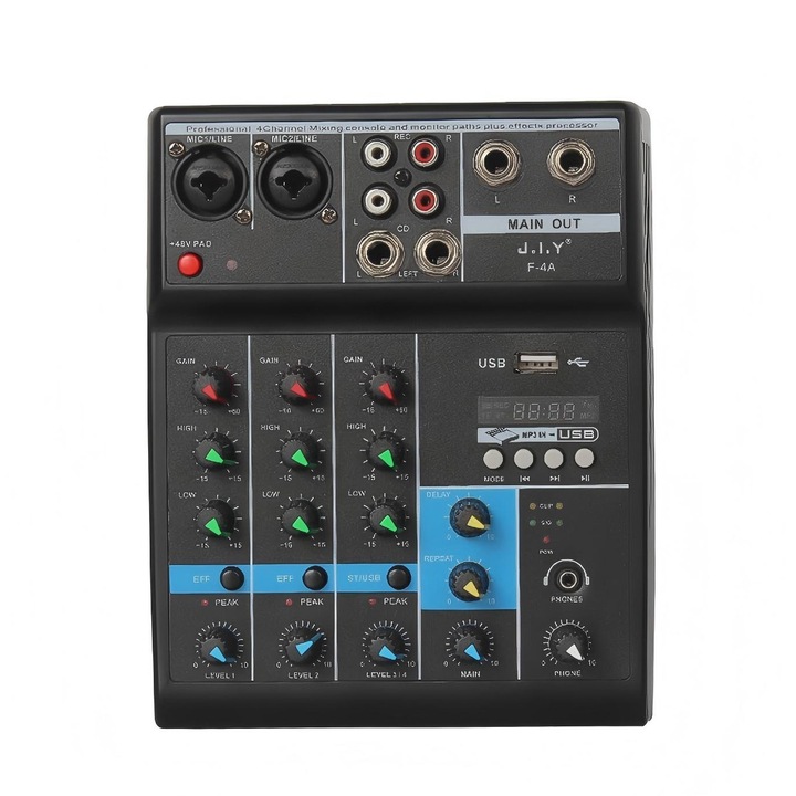 Професионален аудио миксер, 4 канала, 48V фантомно захранване, Smart matching, Plug and Play, Звукова карта, USB, Reverb, 25W, Orber, ABS, Черен