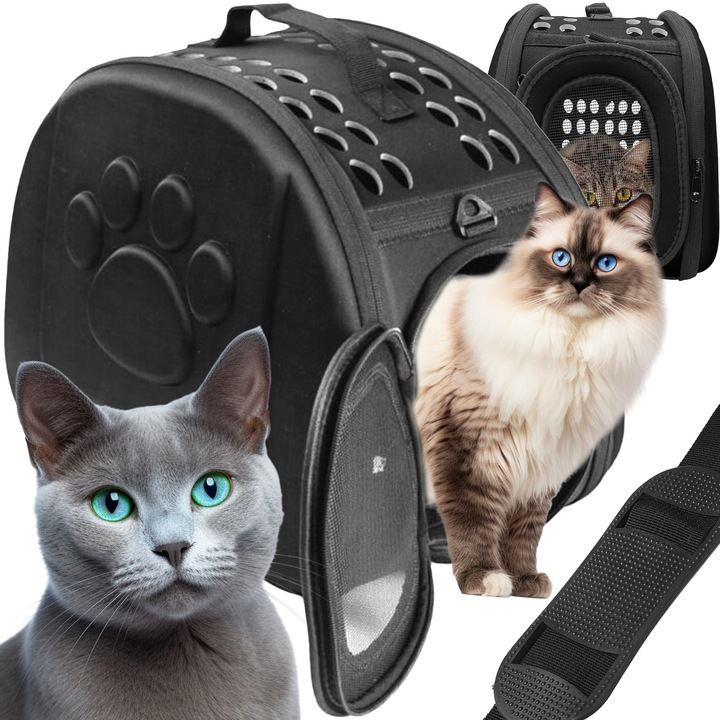 Geanta pentru transport animale de companie pentru mici-medii, pentru caine si pisici, pliabila, curea de umar, 28x42x32 cm, negru, respirabila, plastic si spuma EVA, Curea ajustabila inclusa CA-PET4
