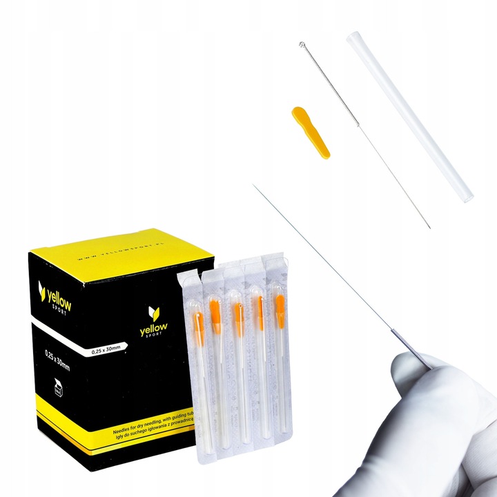 Комплект от 100 жълти игли за акупунктура STING с водач 0,25x30 мм, стерилизирана неръждаема стомана