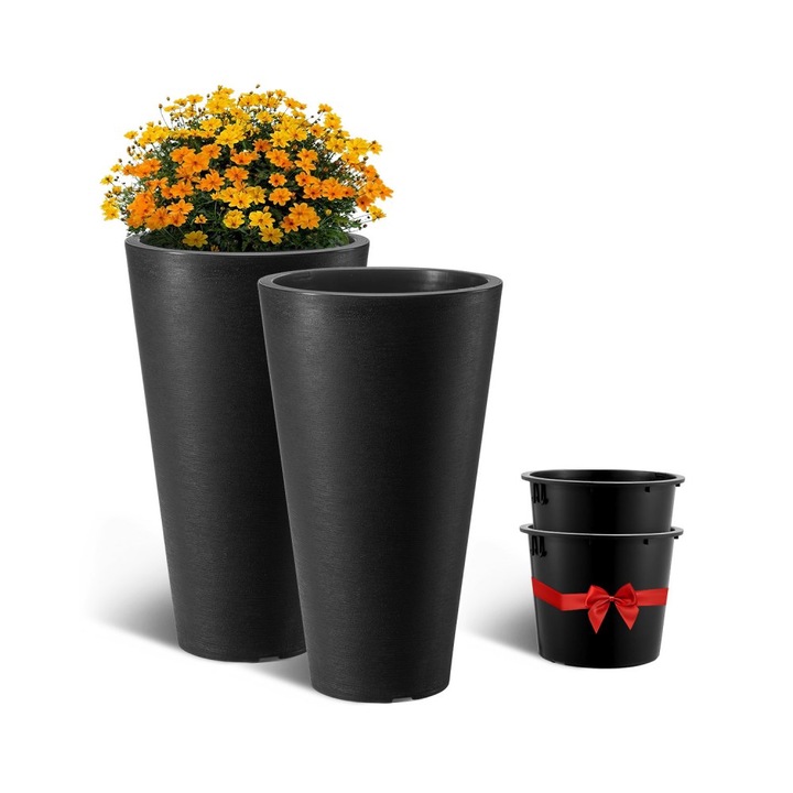 Set 2 ghivece inalte pentru flori, 59 x 35 cm, cu insertie, pentru exterior si interior, din plastic, negru