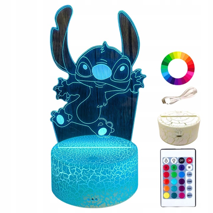 Lampa de veghe copii, Creative, Lilo si Stitch, 16 LED, 3D, 4 moduri de iluminare, cu telecomanda