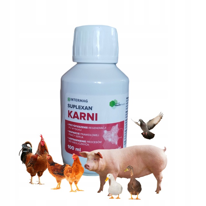 Supliment nutritiv pentru animale, Intermag, SUPLEXAN KARNI, 100ml, pentru regenerare si metabolism, pentru pasari, porci si porumbei