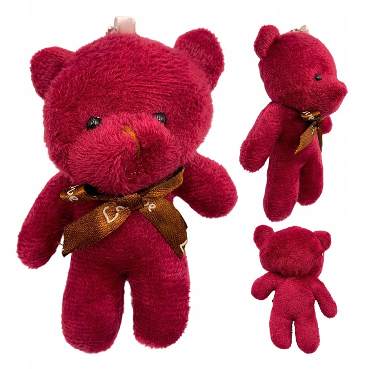 Breloc ursulet, plus, rosu, cu fundita, 12 cm