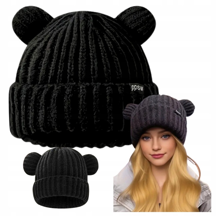 Caciula dama, design cu urechi de urs, neagra, universala