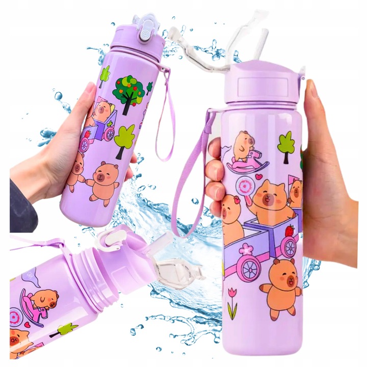 Sticla de apa cu pai, 690 ml, design cu capibara, violet, pentru copii si adolescenti