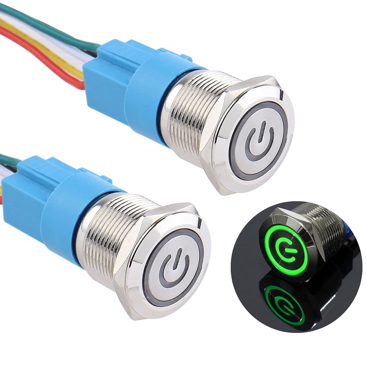 2 buc. Buton de blocare 19 mm intrerupator 9 V-24 V pornit/oprit 1NO 1NC Carcasa metalica argintie cu autoblocare cu priza pentru orificiu de montare de 3/4" Simbol de putere (LED verde)