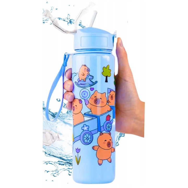 Бутилка за вода със сламка, 690 мл, дизайн капибара, синя, за деца и юноши