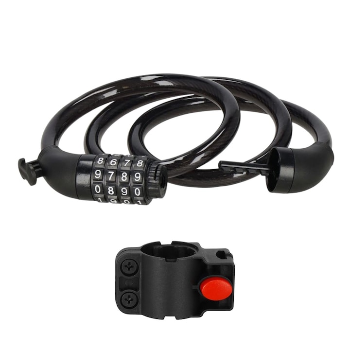 Blocator tip antifurt din sufa otelita tras in silicon negru, pentru motociclete, trotinete, biciclete, suport prindere pe cadru inclus