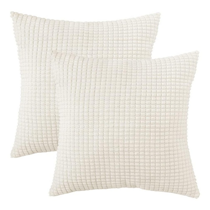 Set 4 Fete de Perna Decorative MIULEE 45x45 cm, Catifea Raiata (Corduroy) Super Moale, Alb Crem