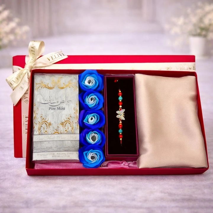 Pachet Lady, bratara cu snur, esarfa dama, parfum arabesc, apa de parfum Pure Musk femei 50 ml, trandafiri din sapun, Albastru Degradee, Velve