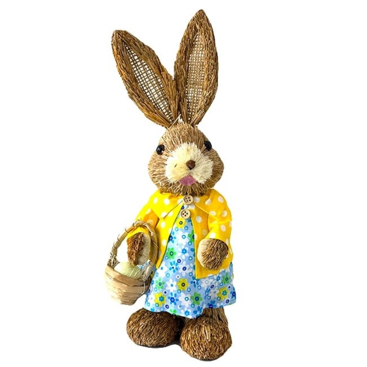 Decoratiune cu tematica de primavara, iepuras in rochie inflorata si cosulet, 37cm, Velve