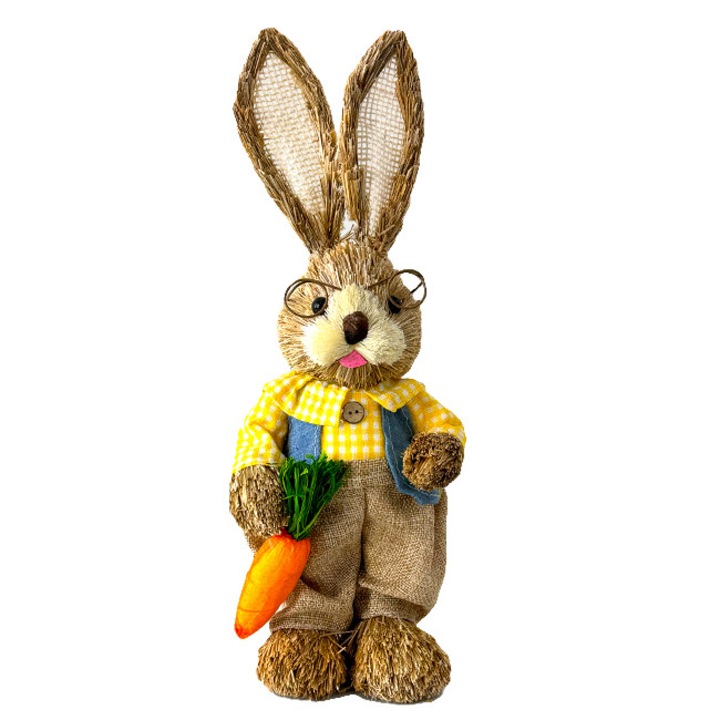 Великденска сламена украса, зайче със синя жилетка и реалистичен морков, 37см, Velve