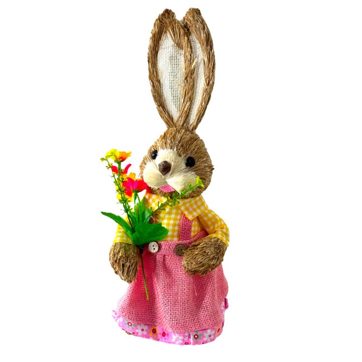 Великденска украса, зайче в розова рокля, с флорален букет, 37см, Velve