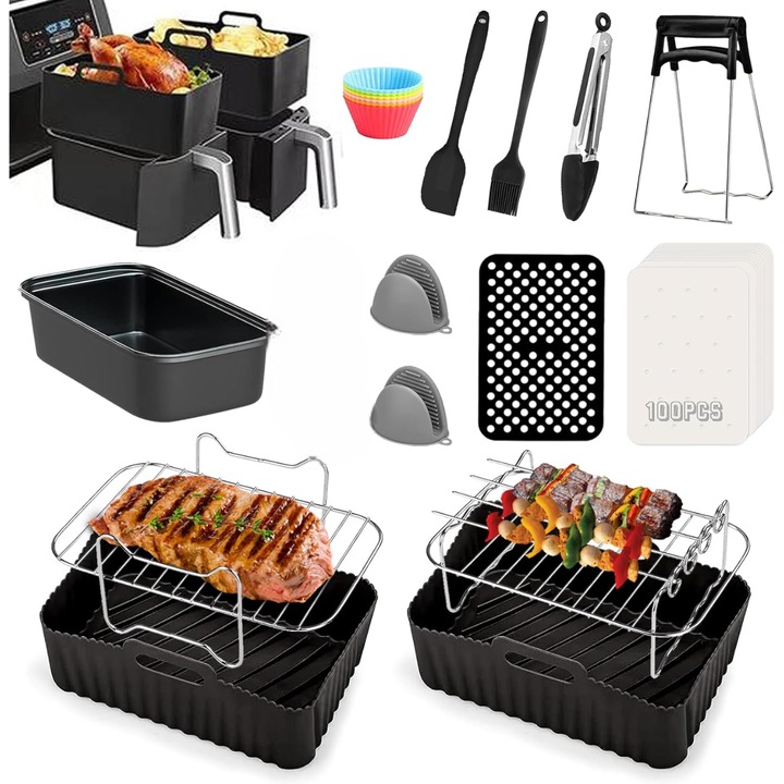 Set accesorii pentru airfryer cu doua zone de gatit, Ninja Foodi, Emerio, Princess, COSORI, Tefal