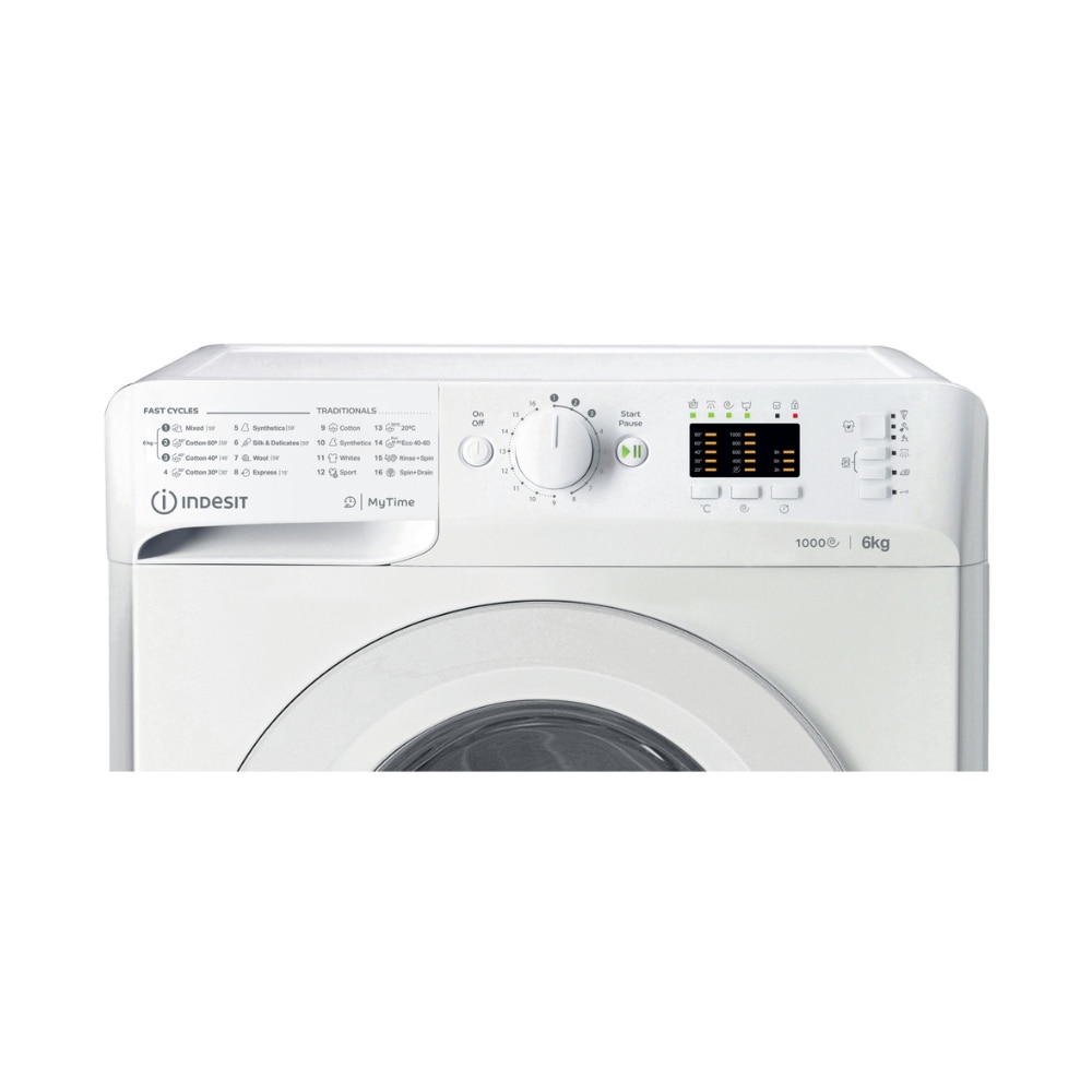 Masina de spalat rufe Indesit MTWSA 61053 W EE, 3 cicluri complete rapide, Pornire intarziata, Sportswear, 1000 rpm, 6 kg, Clasa D, Alba