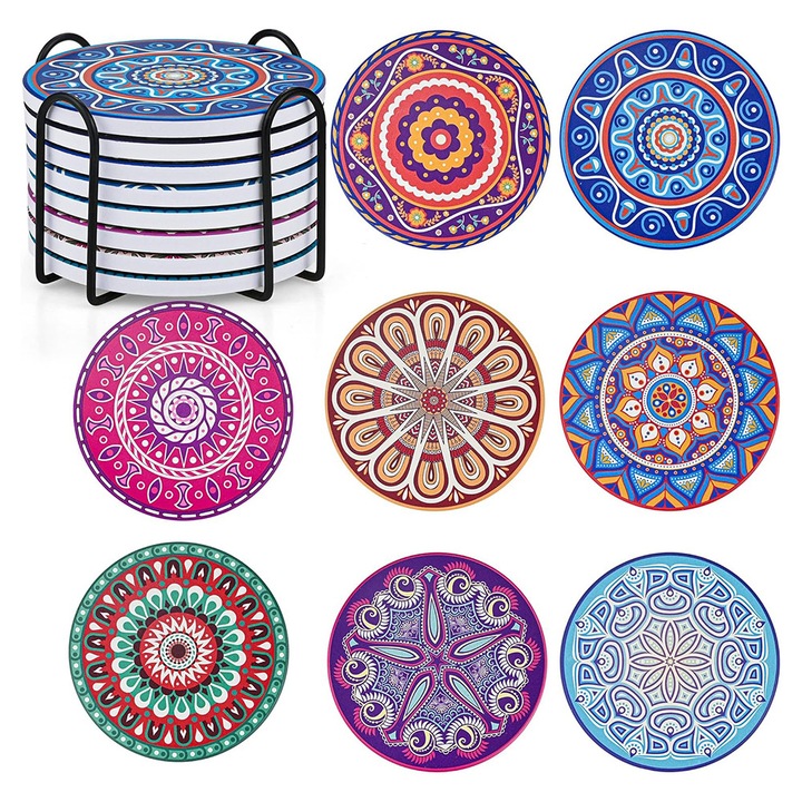 Set 8 Coaster, BOMSTOM, Ceramica, Pluta, Rezistente la Caldura, Protejeaza Suprafetele, cu Suport, 10.2 x 10.2 cm
