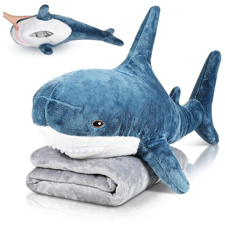 Jucarie plus tip perna Rechin cu paturica catifelata, Albastru, 60 cm, Impact Vision®