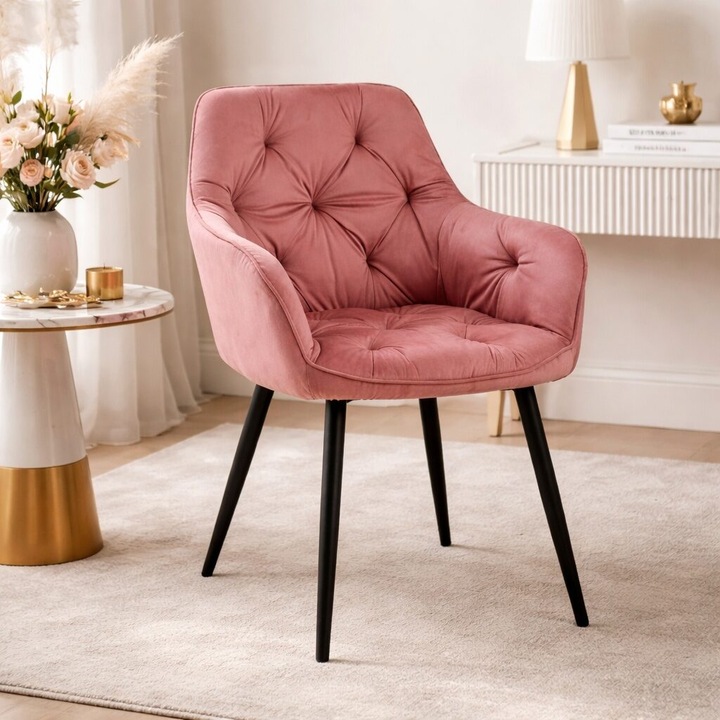 Scaun stil fotoliu bucatarie/living, Artool, York, catifea roz, picioare metal negru, 56x62x83.5 cm