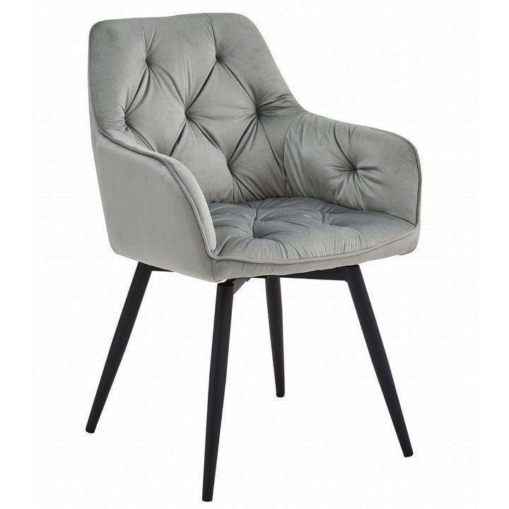 Стол тип кресло за кухня/всекидневна, Artool, York, въртящ се, кадифе, метал, сребристо сиво и черно, 56x61x84 см