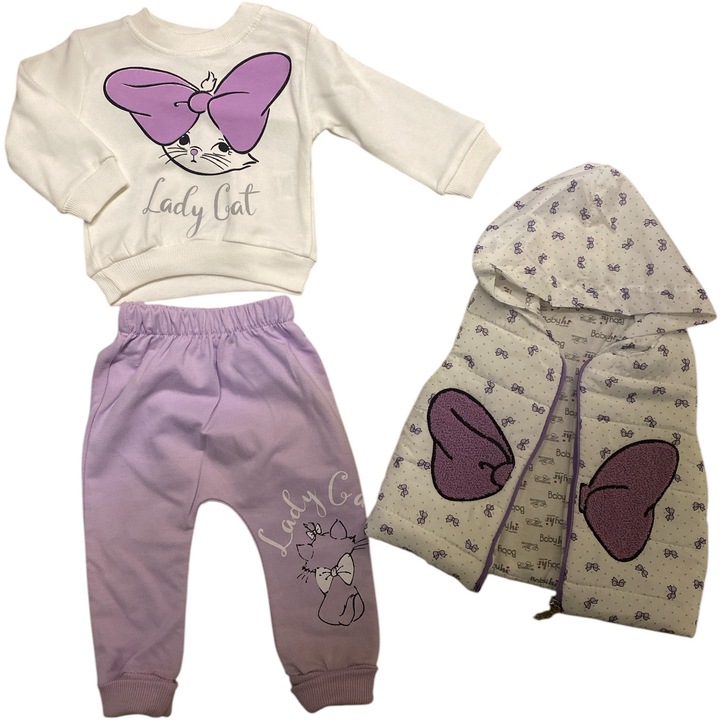 Set 3 piese fetite Lady Cat alb bluza, pantaloni, vesta, Multicolor