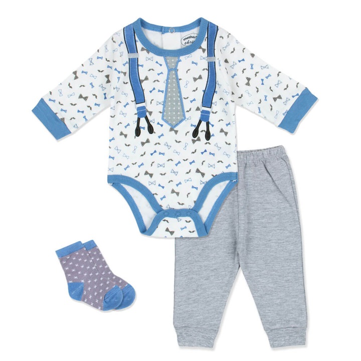 Set 3 piese pentru bebelusi, model bretele si cravata, Mother's Choice, Multicolor
