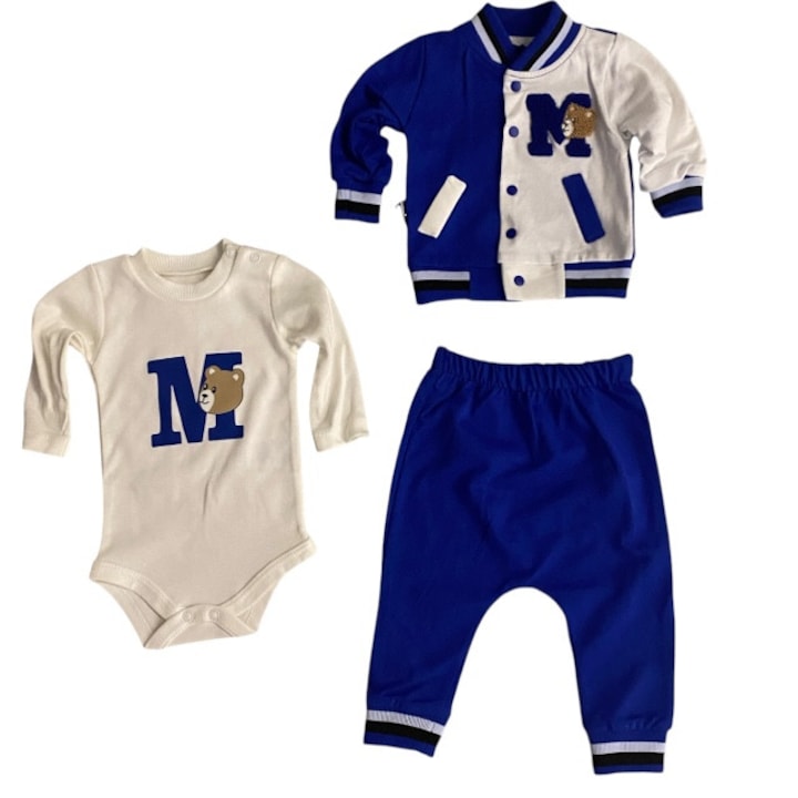 Бяло-син момчешки комплект с боди, сако и панталон в американски стил