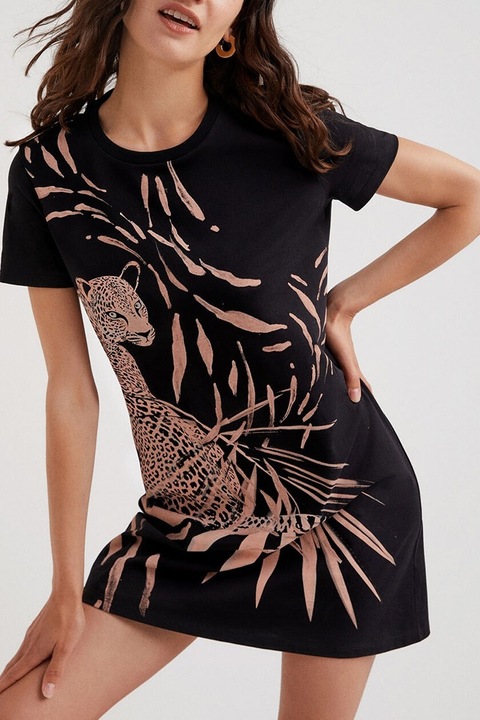 Rochie scurta din bumbac cu imprimeu animal print Guepardito, Negru, XL