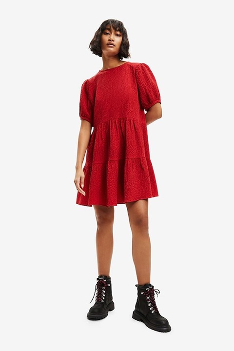 DESIGUAL, Rochie evazata din amestec de lyocell cu maneci bufante, Rosu