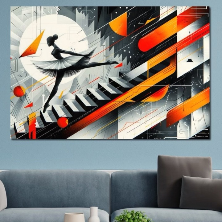 Картина върху платно, LuxCanva, G1115, Балет в Космоса, 100 X 150 СМ, 100% памучно платно 400 г/м2, дървена рамка, Клавишни инструменти, Балерина, Ритъм, Полет, Симфония, Визуално, Грация, Стълби, Вселена, Хол, Спалня