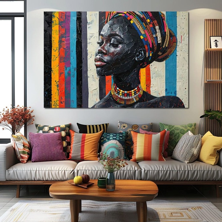 Първокласна картина на платно, LuxCanva® G1118, Африканска история, 40 X 60 CM, 100% памучно платно 400g/m2, дървена рамка, цветове, мъниста, племенни, контрасти, дух, перли, идентичност, профил, елегантност, всекидневна, спалня