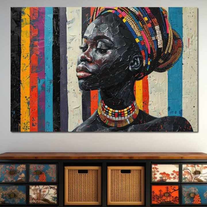 Премиум картина върху платно, LuxCanva® G1118, Африканска история, 100 X 135 см, 100% памучно платно 400 г/м2, дървена рамка, цветове, мъниста, племенни мотиви, контрасти, дух, перли, идентичност, профил, елегантност, хол, спалня