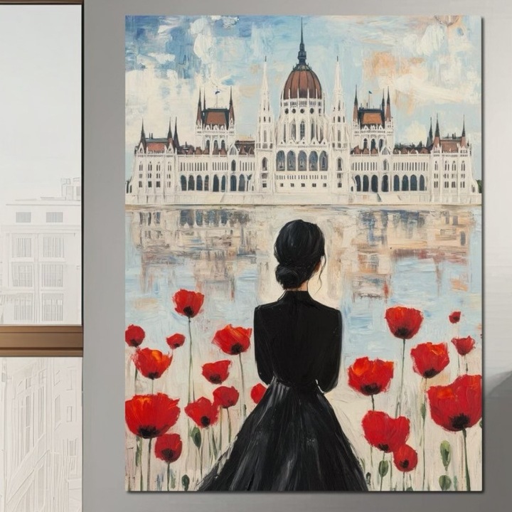 Премиум картина върху платно, LuxCanva® G1120, Мечта за Будапеща, 100 X 135 CM, 100% памучно платно 400g/m2, дървена рамка, Макове, Цветя, Дворец, Град, Дунав, Червено, Мечта, Тишина, Жена, Хол, Спалня
