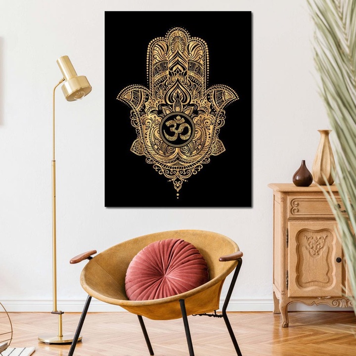 Първокласна картина на платно, LuxCanva® I101, Свещена Хамса, 90 X 120 CM, 100% памучно платно 400g/m2, Дървена рамка, Защита, Духовност, Късмет, Талисман, Елегантност, Фатима, Ръка, Положителна енергия, Медитация, Всекидневна, Спалня