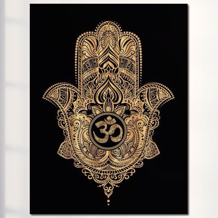 Премиум картина върху платно, LuxCanva® I101, Свещена Хамса, 100 X 135 СМ, 100% памучно платно 400 г/м2, дървена рамка, Защита, Духовност, Късмет, Талисман, Елегантност, Фатима, Ръка, Положителна енергия, Медитация, Хол, Спалня