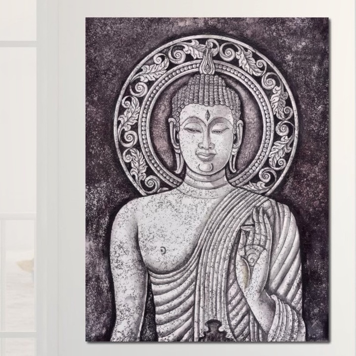 Премиум картина върху платно, LuxCanva® I103, Спокойствие в черно и бяло, 100 X 135 см, 100% памучно платно 400 г/м2, дървена рамка, Буда, Дзен, Медитация, Духовност, Мир, Хармония, Баланс, Осветление, Хол, Спалня