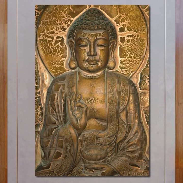 Prémium vászonkép, LuxCanva® I104, Arany és bölcsesség, 100 X 150 CM, 100% pamutvászon 400g/m2, fakeret, Buddha, Arany, Zen, Meditáció, Béke, Nyugalom, Egyensúly, Energia, Spiritualitás, Lótusz, Nappali, Hálószoba