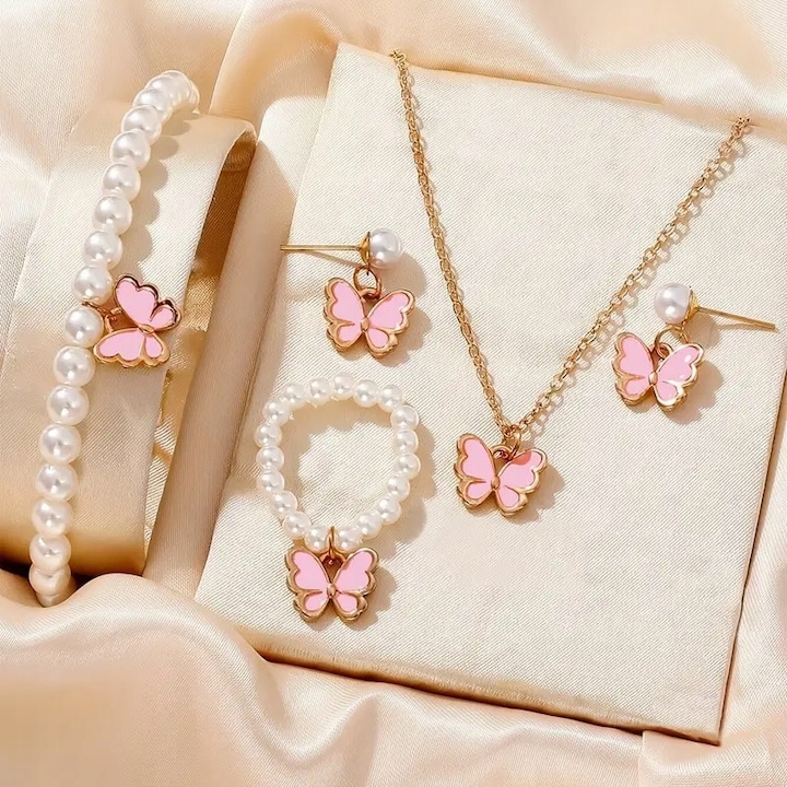 Set bijuterie pentru copii, 2 cercei perla cu fluturas, inel perla cu fluturas, bratara perla cu fluturas, lant cu fluturas, roz