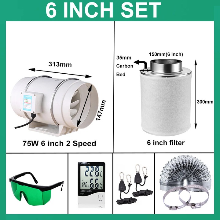 Centrifugális ventilátorok és aktív szén légszűrő készlet, több méretben kapható, hatékony légkeringetés, 6 hüvelyk 300 mm 35 mm, 220 V