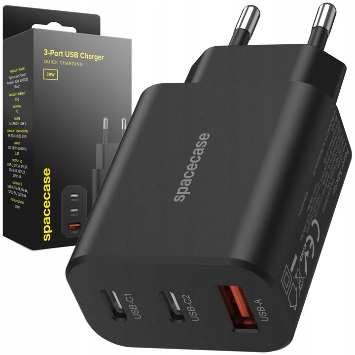 Incarcator retea Spacecase 30W, 2x USB-C, 1x USB-A, negru, compact