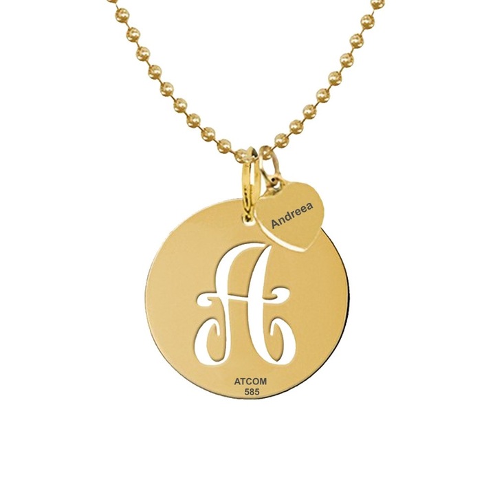 Pandantiv din aur galben personalizat cu text Andreea, litera A decupata