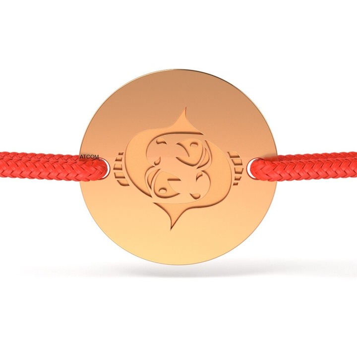 Rózsarany karkötő piros zsinórral Halak modell