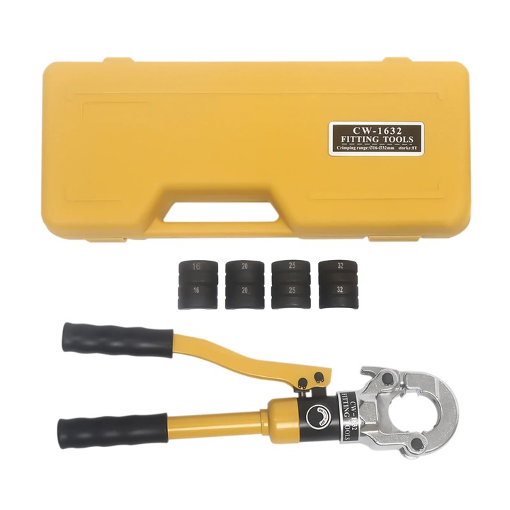 Instrument de sertizare cu matrite 16, 20, 25, 32 mm, pentru tuburi aluminiu-plastic, PEX, otel, Culoare Galben