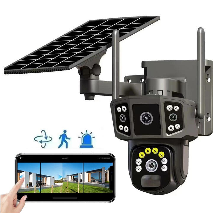 Камера за видеонаблюдение, Fudisenn, тройна, WIFI, 4MP Ultra HD, пълноцветно нощно виждане, соларно захранване, водоустойчива, със слот за SD карта/облачно съхранение, въртене, светодиоди, двупосочна комуникация, аларма, сензор за движение, черна